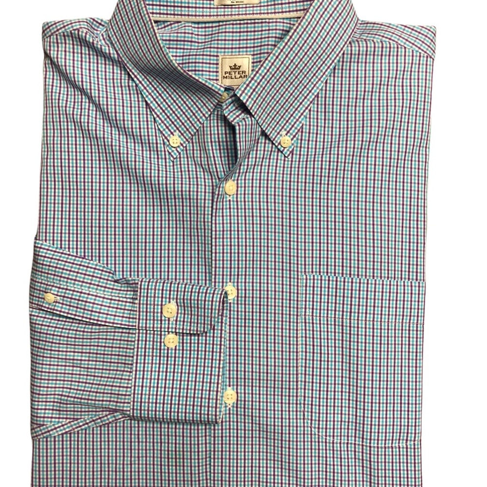 Peter Millar Blue and White Checkered Button Down Shirt